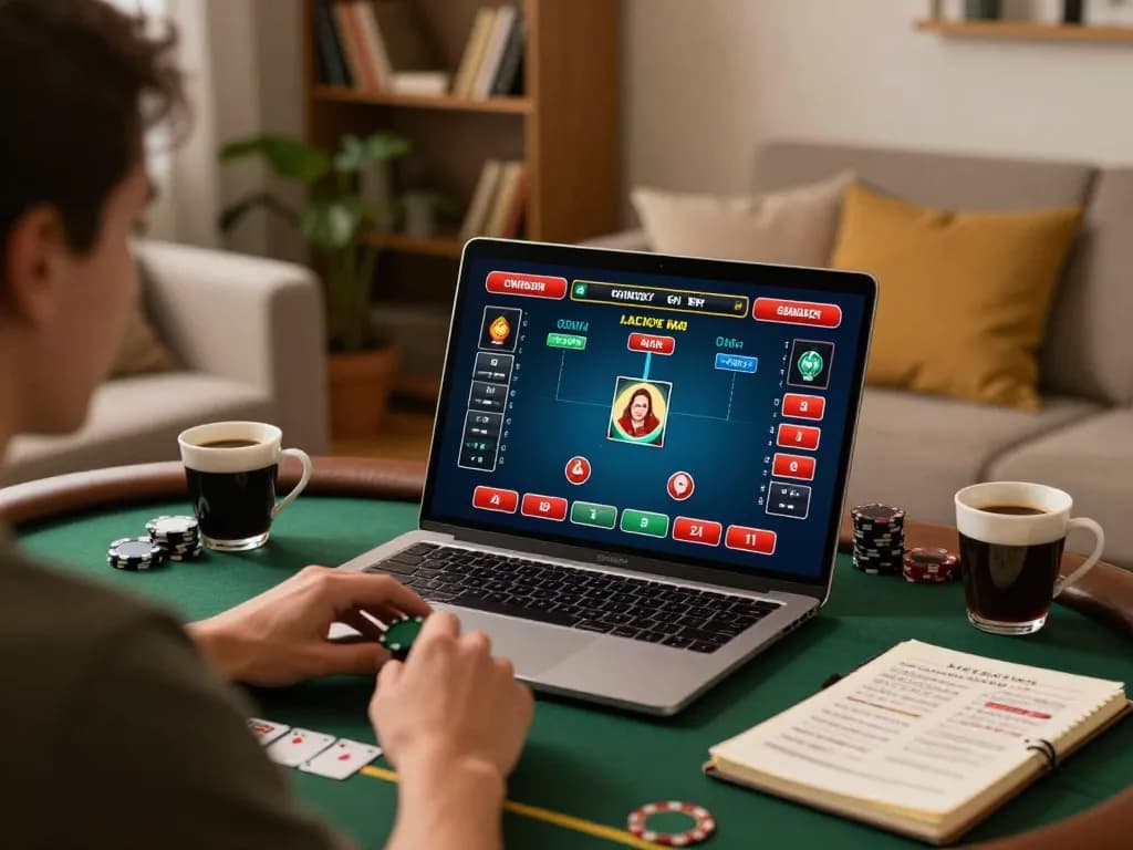 Engaged player enjoying online poker gaming on laptop, showcasing hitclub strategies in a cozy environment.