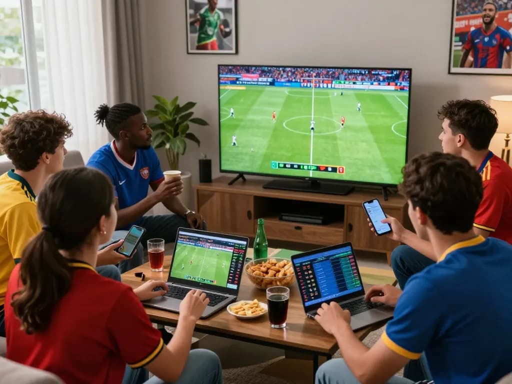 Friends excitedly following Nowgoal's live football scores and betting odds during a match.