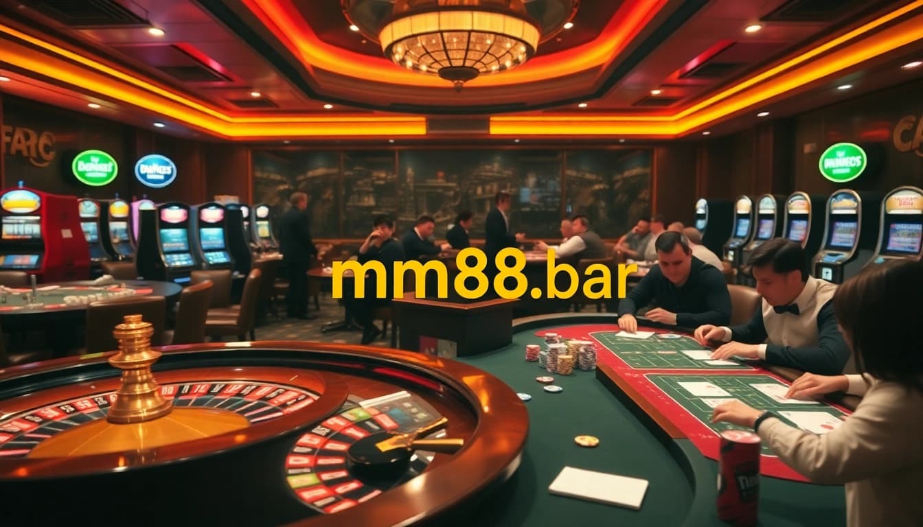 A vibrant casino scene featuring roulette, poker, and slot machines, showcasing the excitement of https://mm88.bar/ betting.