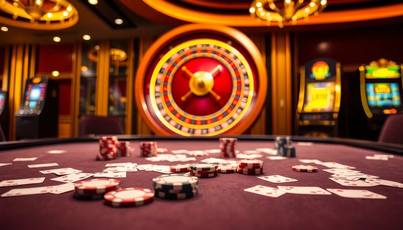 Engaging casino scene showcasing chotruyen-themed excitement with cards and roulette.