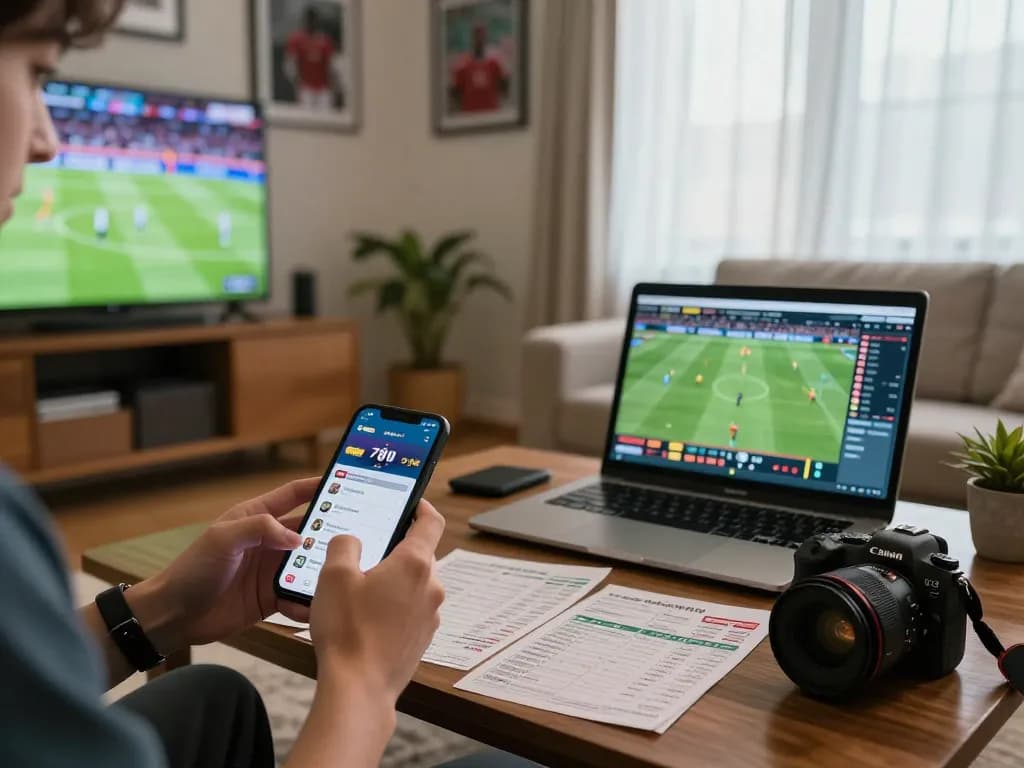Engaged sports bettor analyzing odds on 78wingo app in a cozy living room setting.