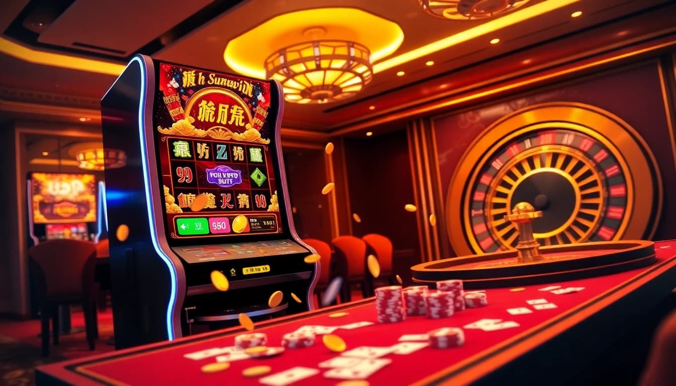 Nổ hũ Sunwin slot machine showcasing vibrant graphics and winnings in an exciting casino environment.