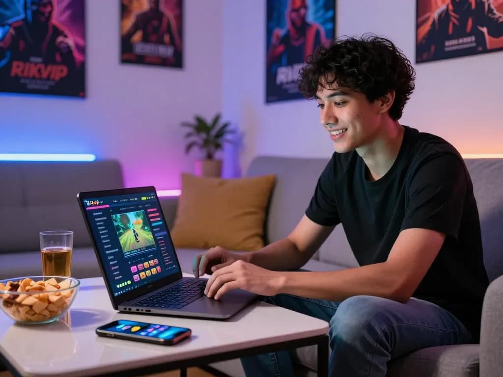 Engaged gamer playing Rikvip on laptop with lively gaming atmosphere.