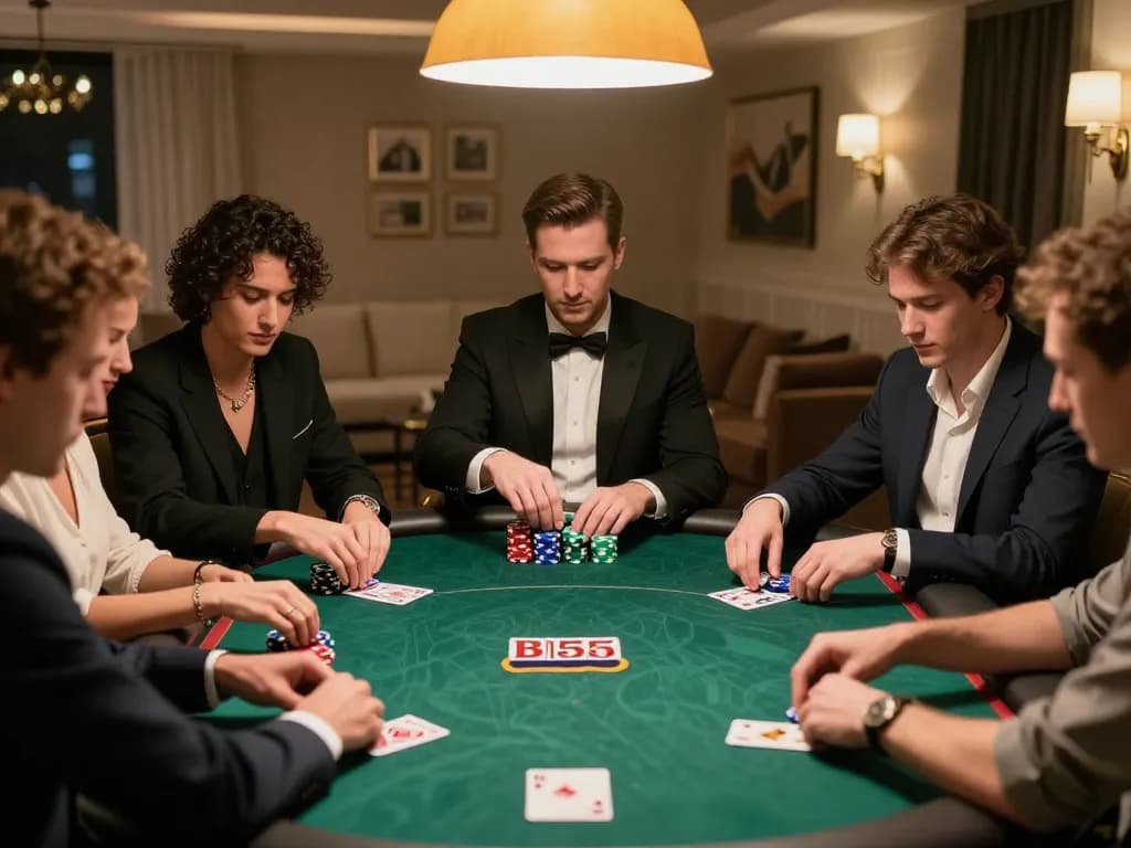 Players enjoying intense poker game at BL555, analyzing strategies and managing chips.