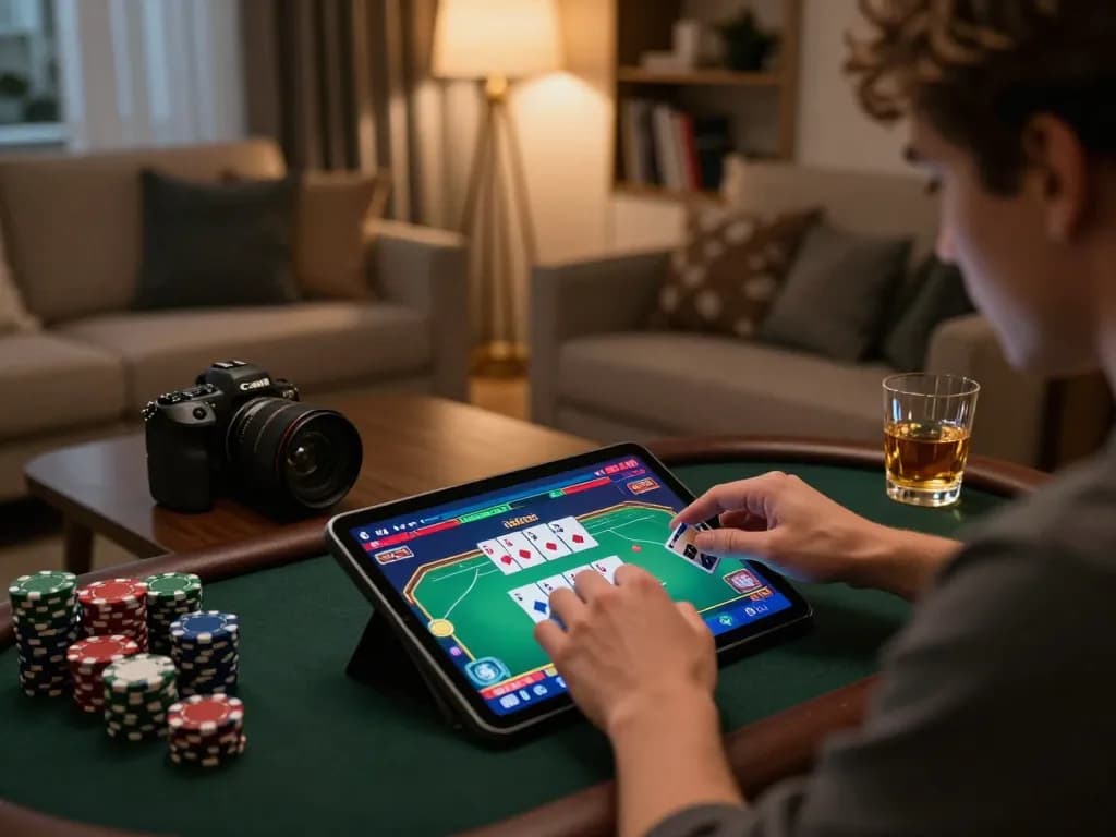 Engaging online poker session showcasing a player on https://fc88.zone with colorful game interface in a cozy living setting