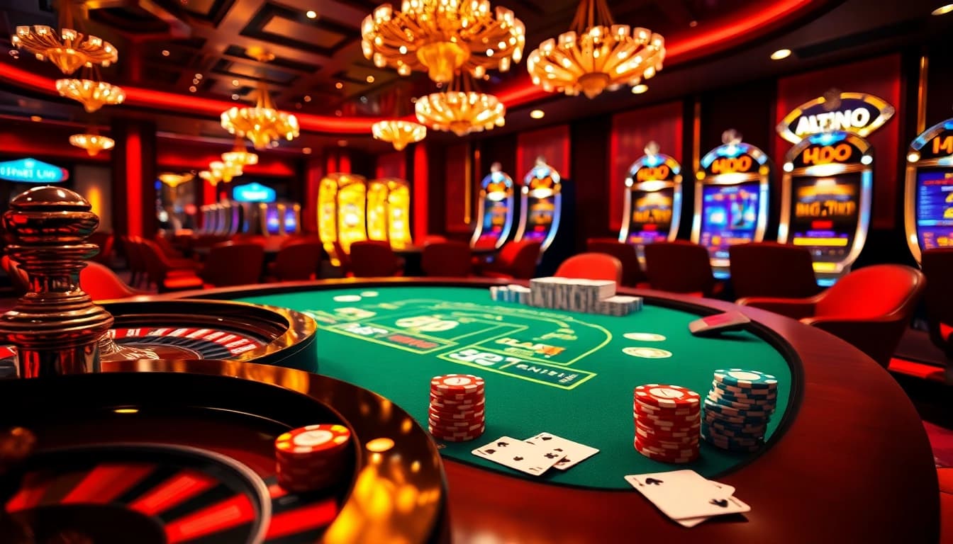 Engaging casino scene illustrating thabett.io with players at a poker table amid vibrant gambling elements.