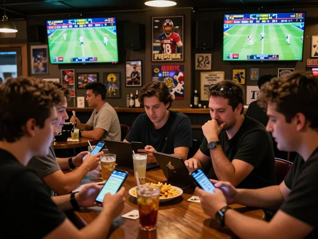 Exciting patrons engaged in sports betting at fly88mx bar, analyzing odds and celebrating wins.