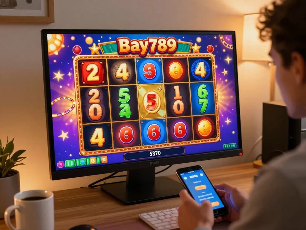 Bay789 player enjoying exciting slot gameplay with vibrant reels spinning in a lively online casino atmosphere
