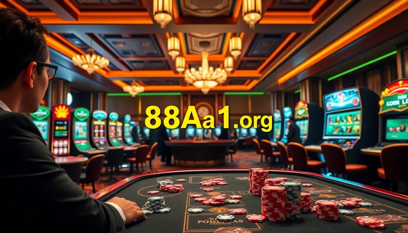 Experience the thrill of gambling at 88aa1.org with vibrant casino visuals, featuring poker tables and slot machines.