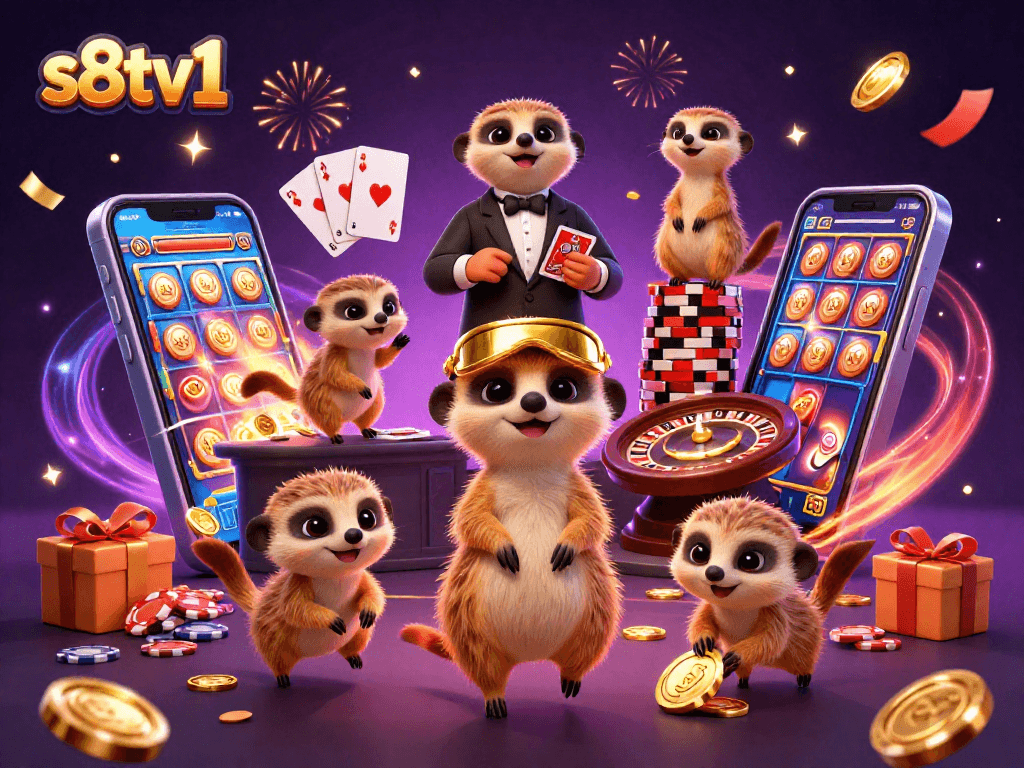 S8TV1 meerkats running a lively casino operation surrounded by vibrant gaming elements.