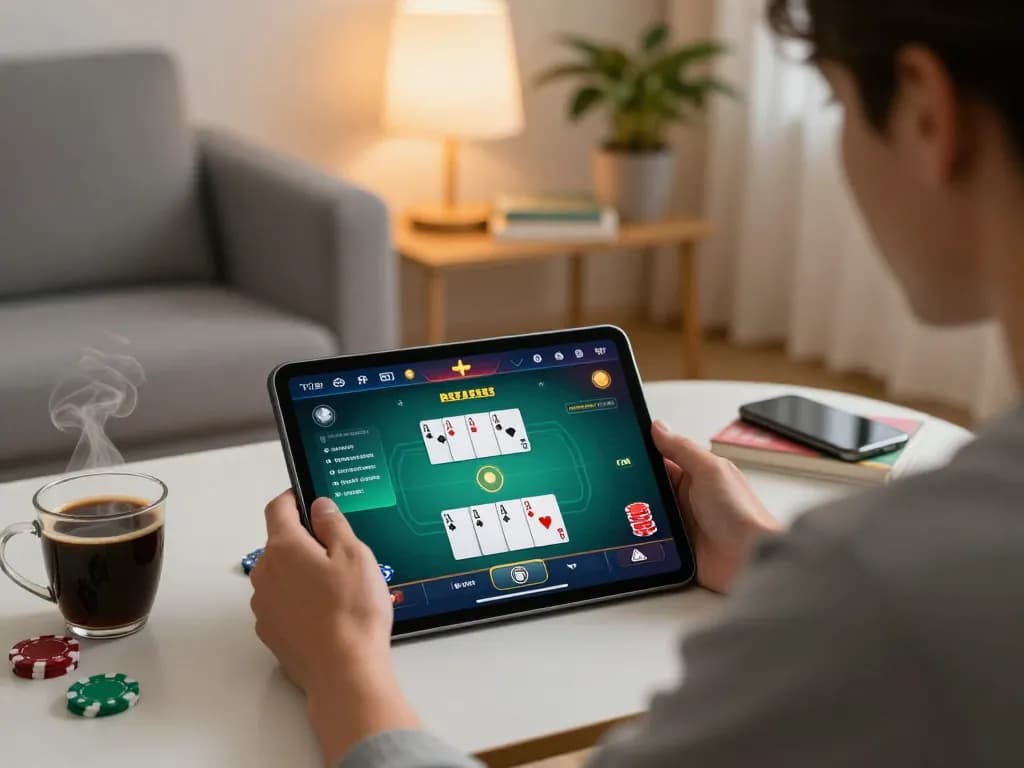 kuwin-vn player engaged in online poker game on tablet with strategic notes and cozy home setup.