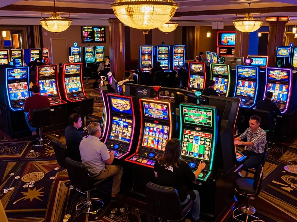 Players spinning colorful slot reels at TR88SEO casino, celebrating wins in a vibrant gaming atmosphere