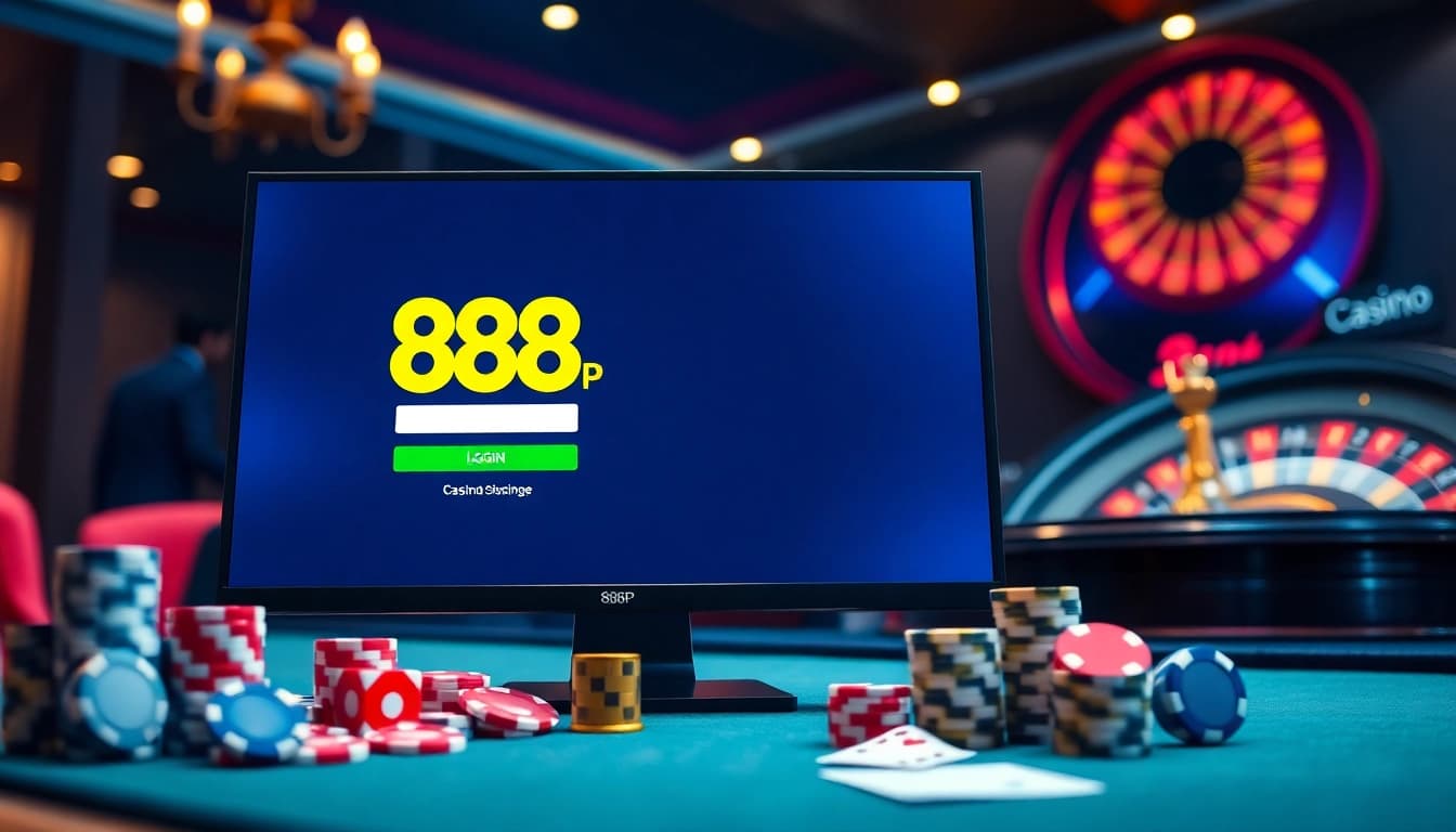 Log in to 888p đăng nhập casino platform surrounded by vibrant gambling elements.