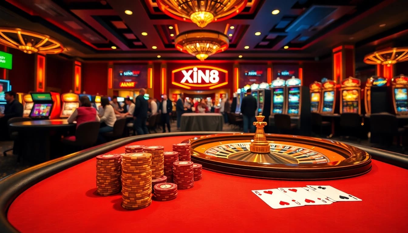 XIN88 casino scene featuring an exciting poker table, roulette wheel, and vibrant slot machines for immersive gambling.