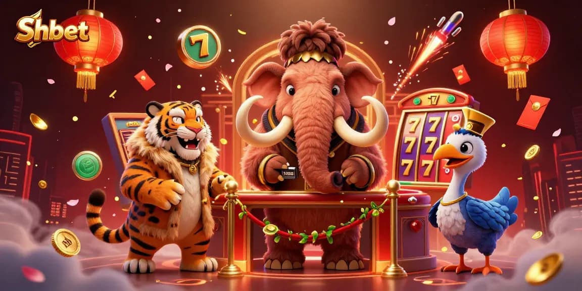 Shbet casino welcomes players with a woolly mammoth, saber-tooth tiger, and dodo doorman, celebrating vibrant slot games.