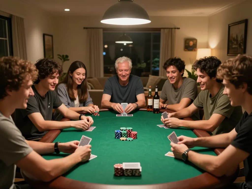 Engaged players competing in a poker game at home, featuring the online gambling site 123bz.uk.net as a strategic platform.