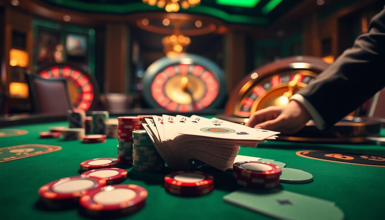 Engage in thrilling casino action with ALo789, featuring poker chips and a roulette wheel.