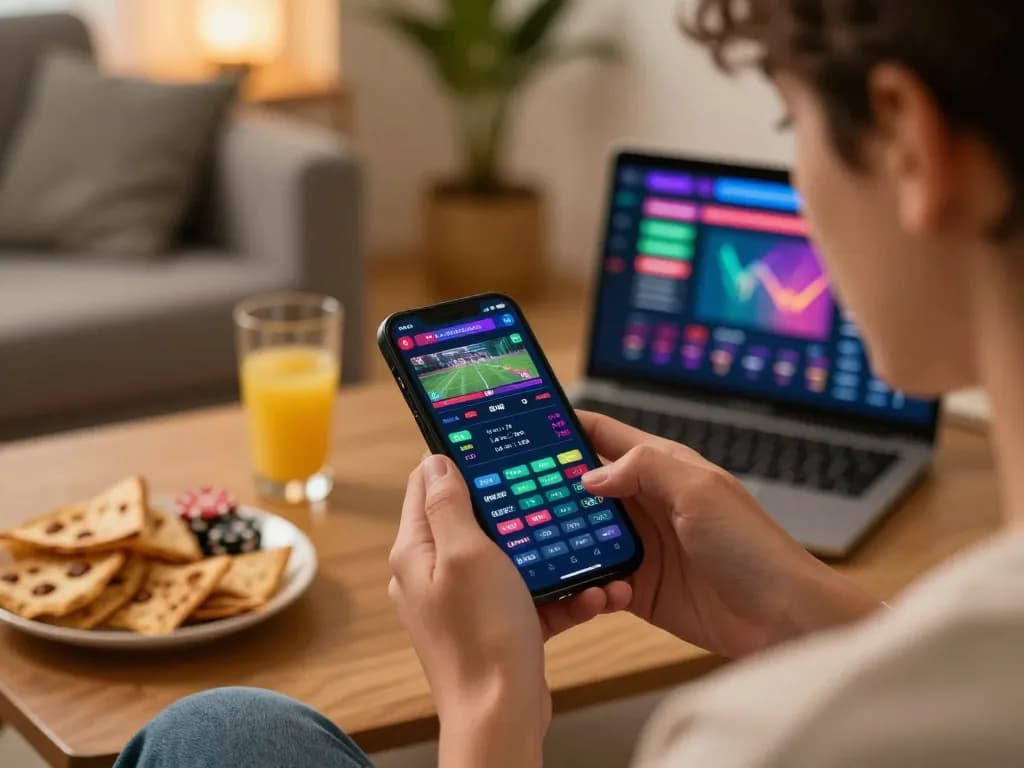 Engaging player using 33win for live sports betting excitement at home in a modern setting.