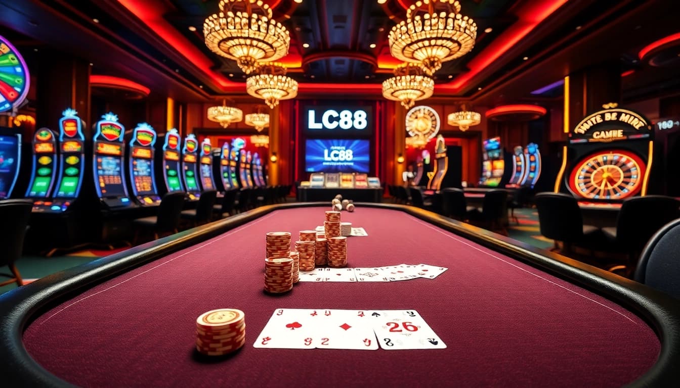 Exciting poker game scene at https://lc88comm.com/ featuring dealer, chips, and slot machines.