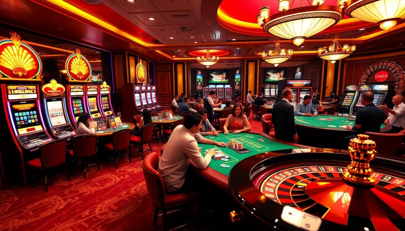 Experience the dynamic atmosphere of thabet.baby, featuring lively gameplay on illuminated slot machines and poker tables.