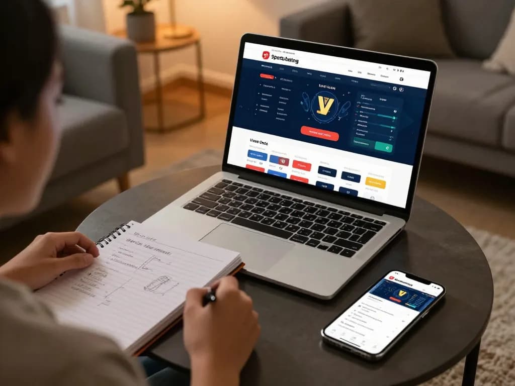 Engaging in sports betting at tylekeonhacai88 with live odds displayed on laptop in cozy home setting.