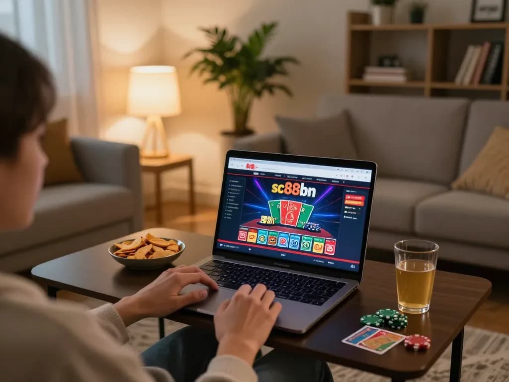 Engaging in an online gaming session at sc88bn, showcasing vibrant casino graphics and comfortable setting.