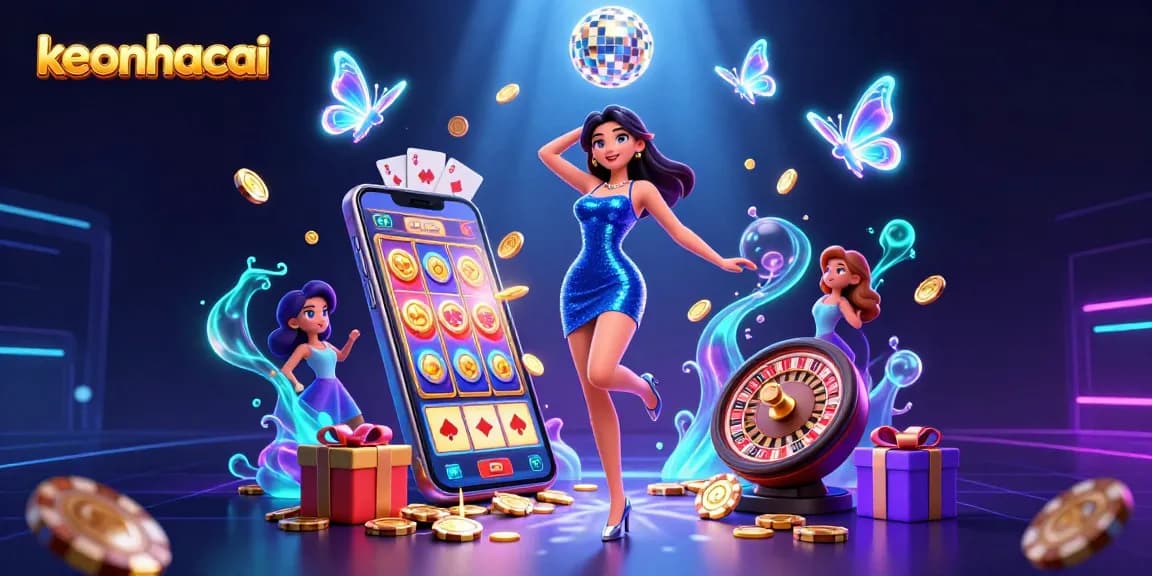 Engage with exciting gameplay at keonhacai, featuring a vibrant illustration of casino elements and actions.