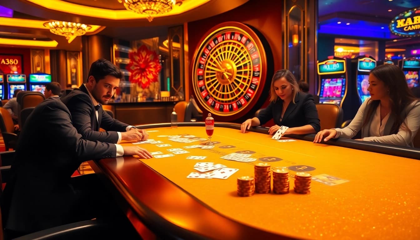 Engage in thrilling poker action at a vibrant aa88 casino with luxurious decor and intense players.