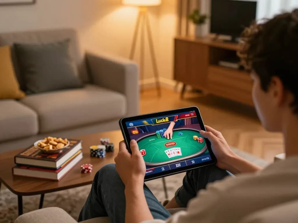 Engaging gameplay at Luck8 casino on a tablet, featuring poker cards and chips in a cozy home setting.