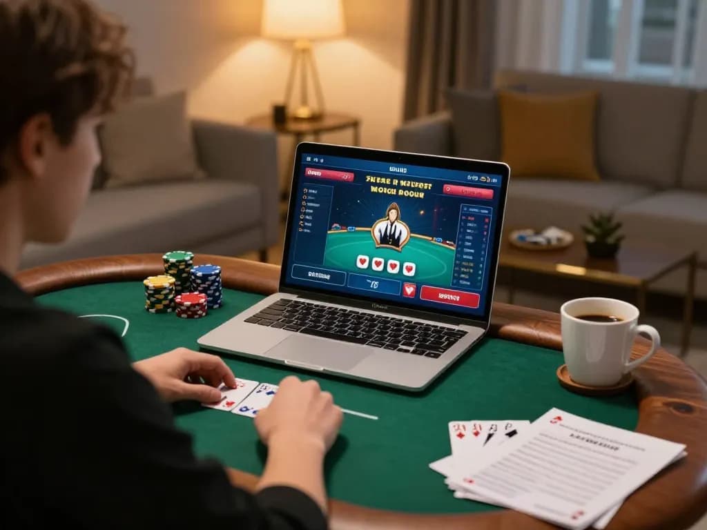Hitclub user engaged in strategic poker gameplay on a laptop in a cozy home setting.
