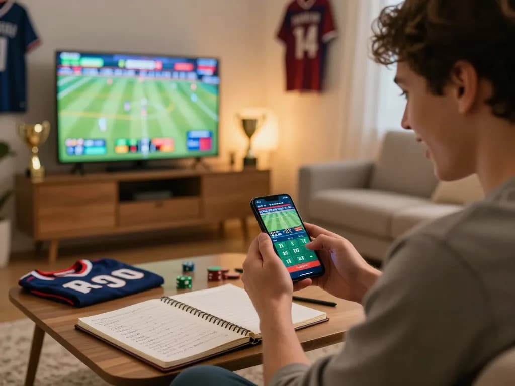 Engaged player using 789win789 for dynamic sports betting at home, with live game stats on screen.