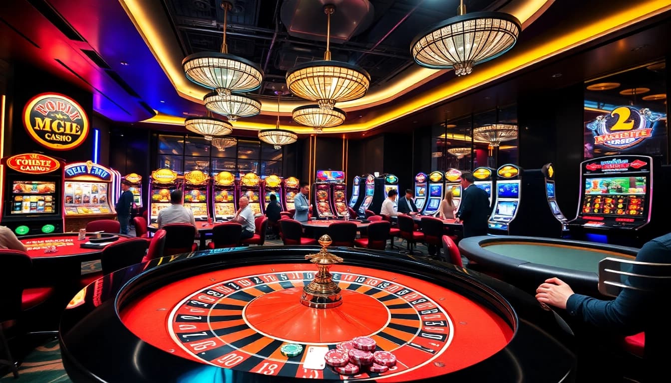 Players enjoying the vibrant atmosphere and games on trang chủ OPEN88 at a sleek casino floor.