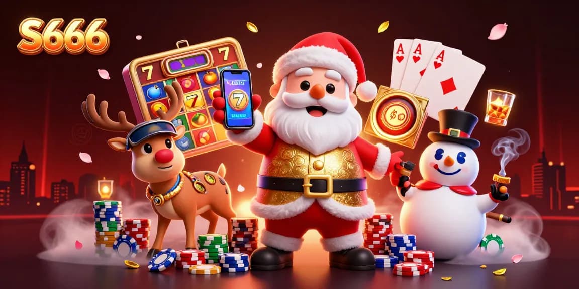 Experience top slots with S666 as Santa and friends enjoy a vibrant casino scene.