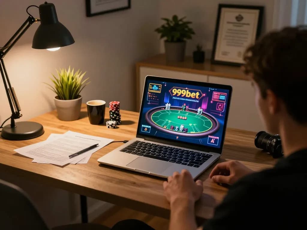 Player enjoying an online poker game on 999bet, showcasing strategic gameplay in a cozy home office.