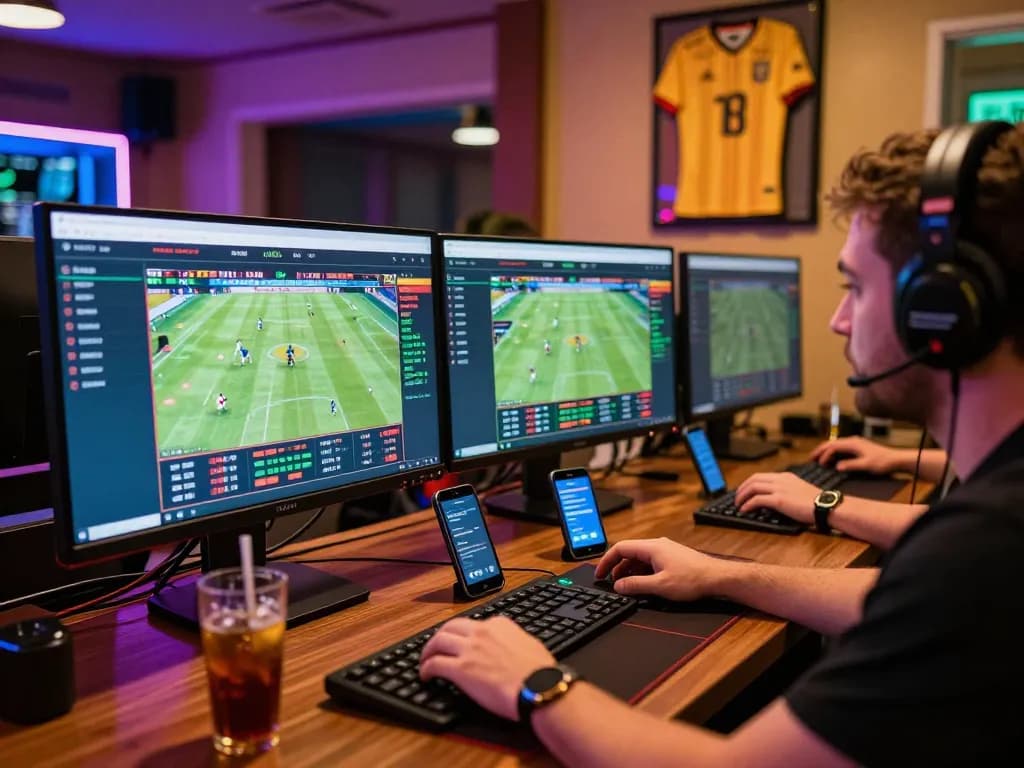 Immersive online betting experience with 1gom, player engaged in live football betting at computer desk with multiple screens.