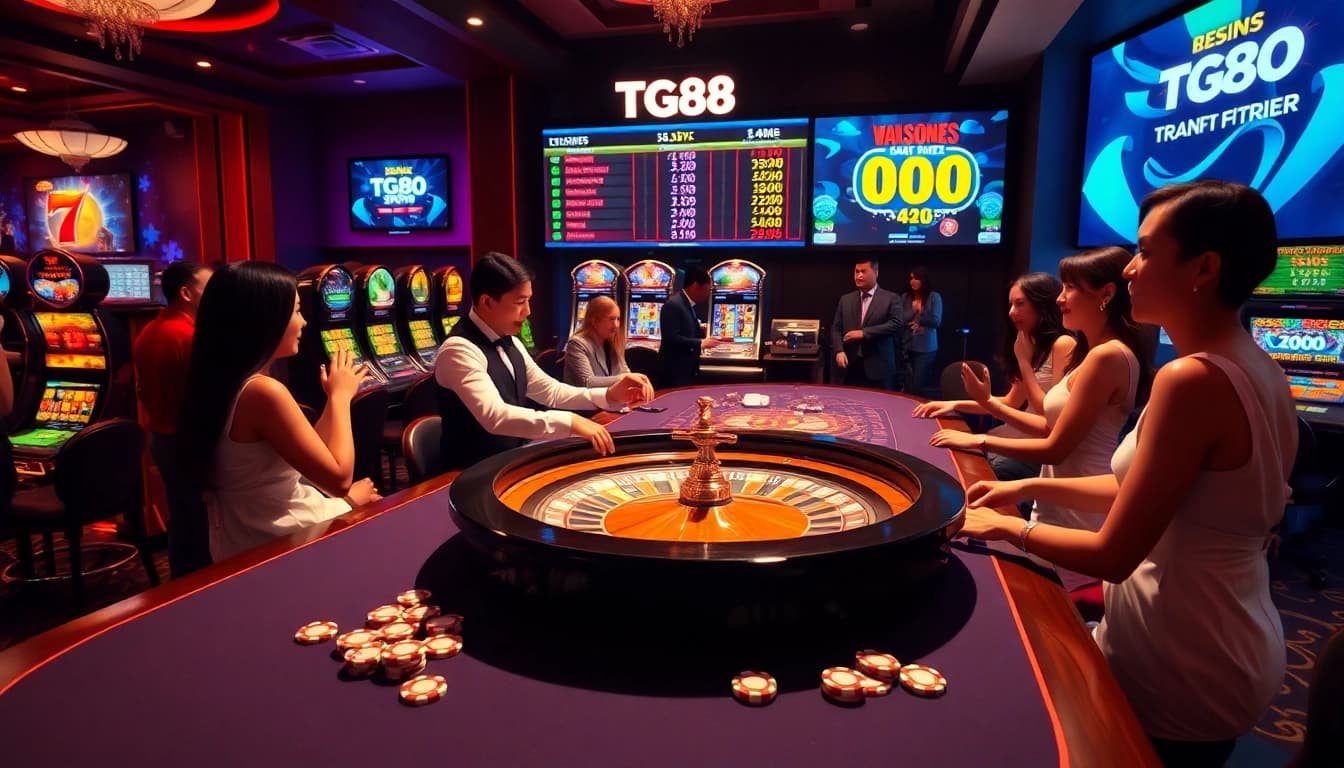 Players engaged in thrilling games at TG88 casino, enjoying a vibrant atmosphere with cards and chips.
