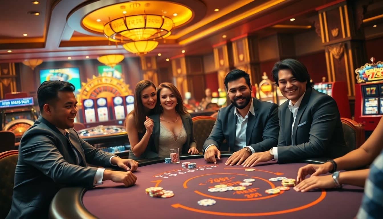 Players enjoying a high-stakes poker game at 789f's luxury online casino.