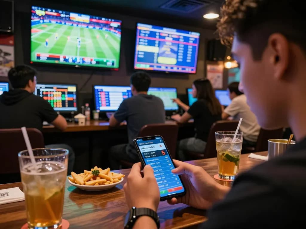 Engaging sports betting scene showing a player using kèo nhà cái 5 app for real-time wagering.