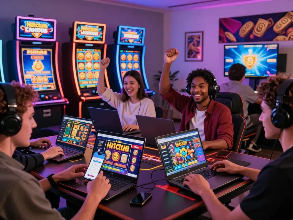Hitclub không bị chặn - Online gaming players enjoying vibrant casino atmosphere with smartphones and laptops.