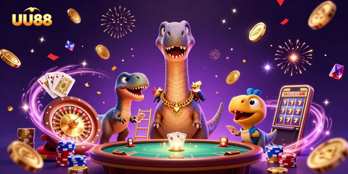 Experience excitement at UU88 as the towering brontosaurus interacts with a clever raptor and vibrant casino elements.