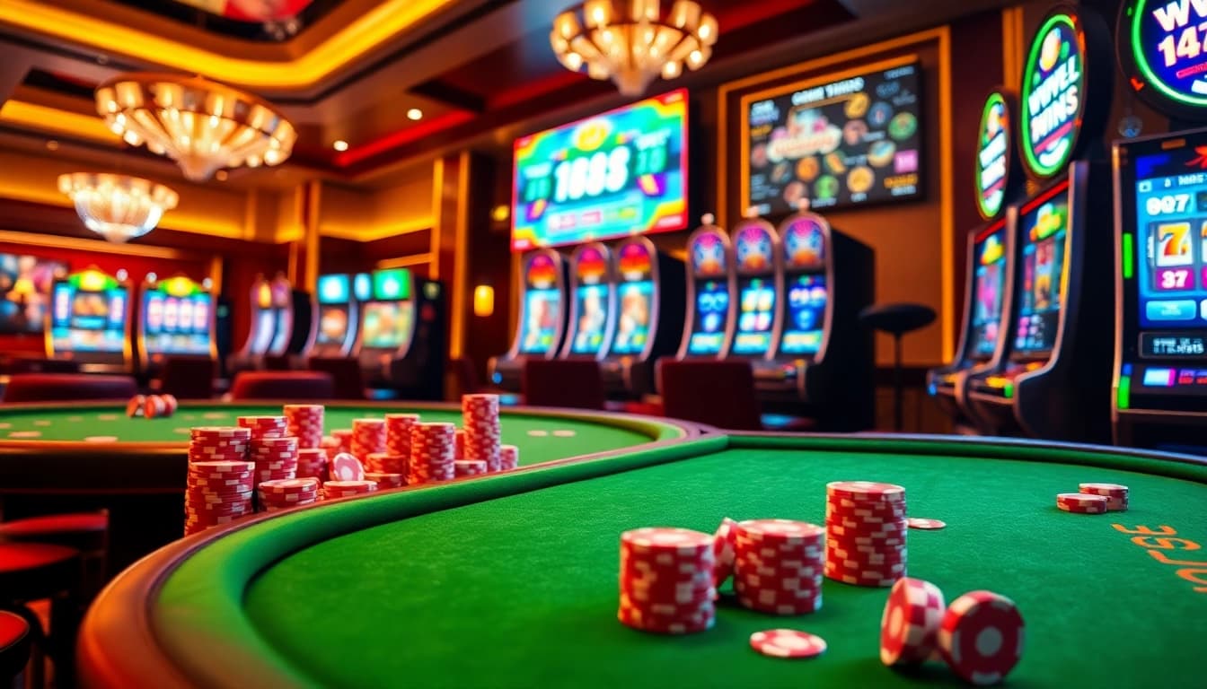 Experience thrilling online gambling with WW88's vibrant casino scene featuring tables, chips, and slot machines.