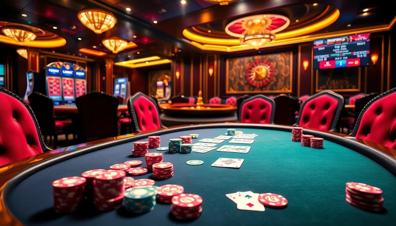 Experience the excitement of gaming at tylenhacai7.com with vibrant casino visuals showcasing poker action.