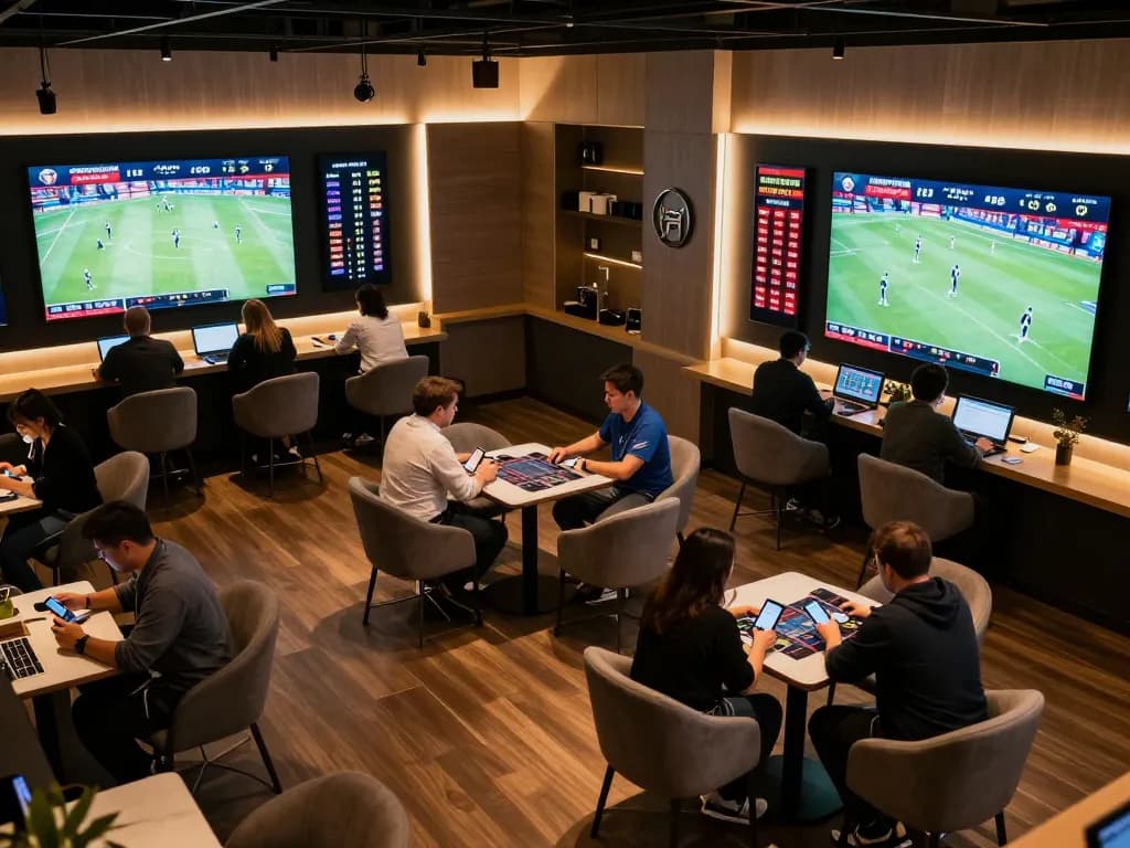 TIP88 sports enthusiasts placing bets in an energetic lounge environment, highlighting interactive betting moments.