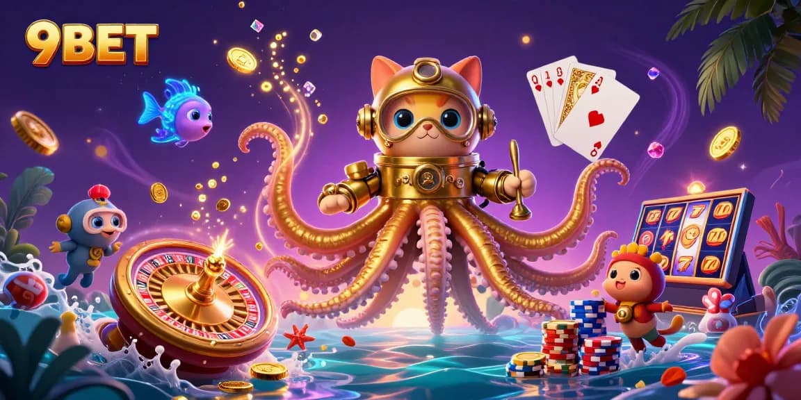 Experience thrilling games at 9BET, where a colossal kraken and diving cat unveil treasures.