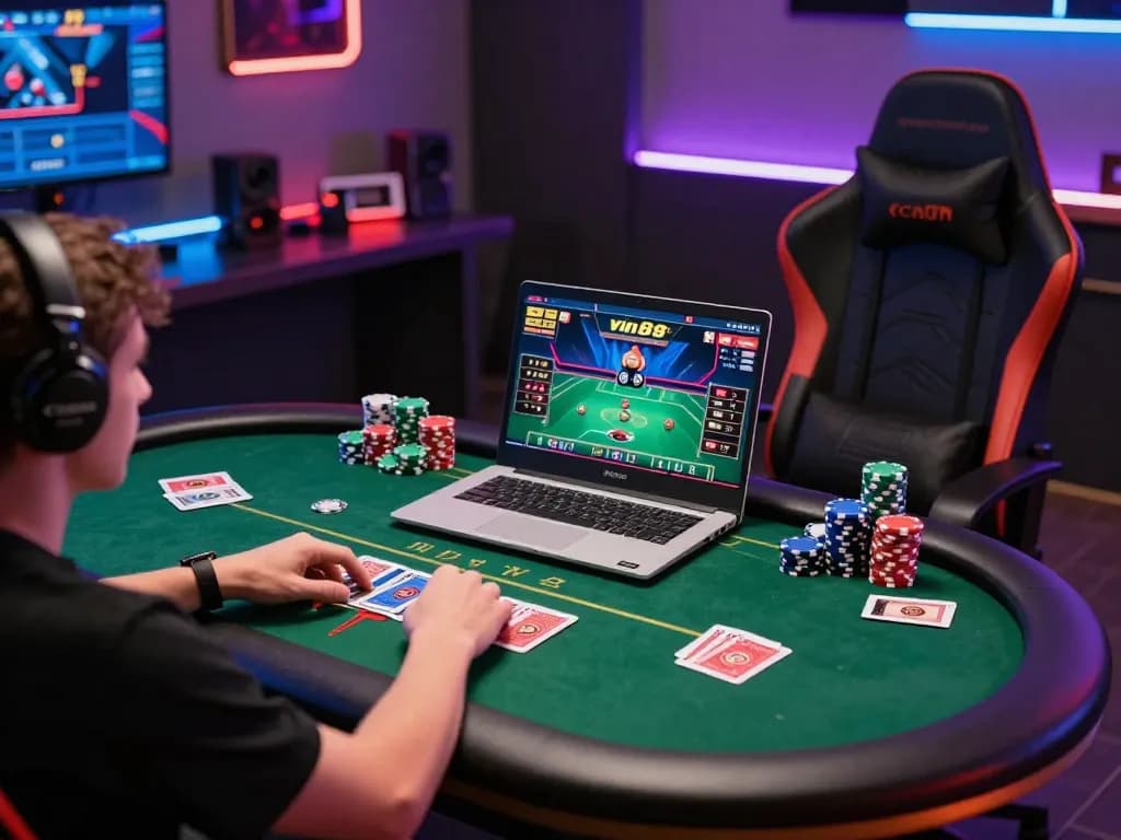 Person engaged in an exciting vin88 poker game on laptop with colorful chips and cards