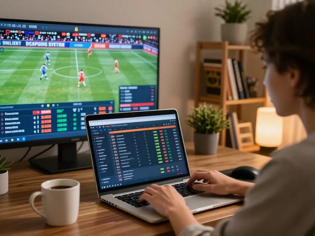 Person studying keobongda betting odds on laptop in a cozy home office.