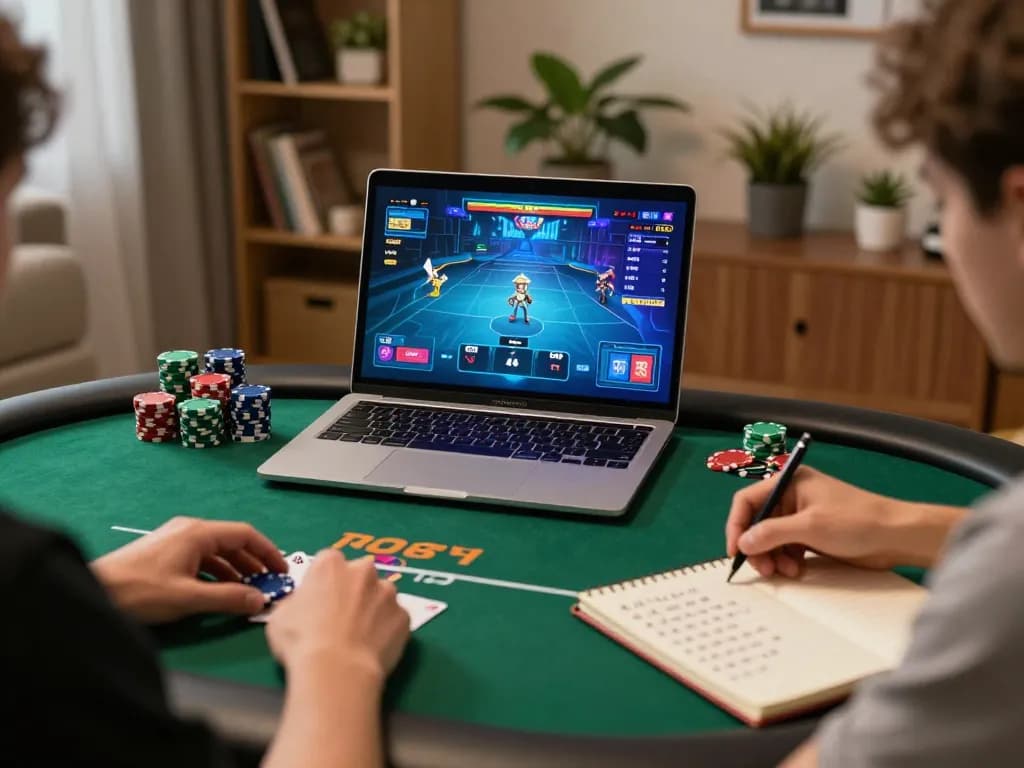 Engaging in online poker gaming at TR88 with chips and strategy notes visible