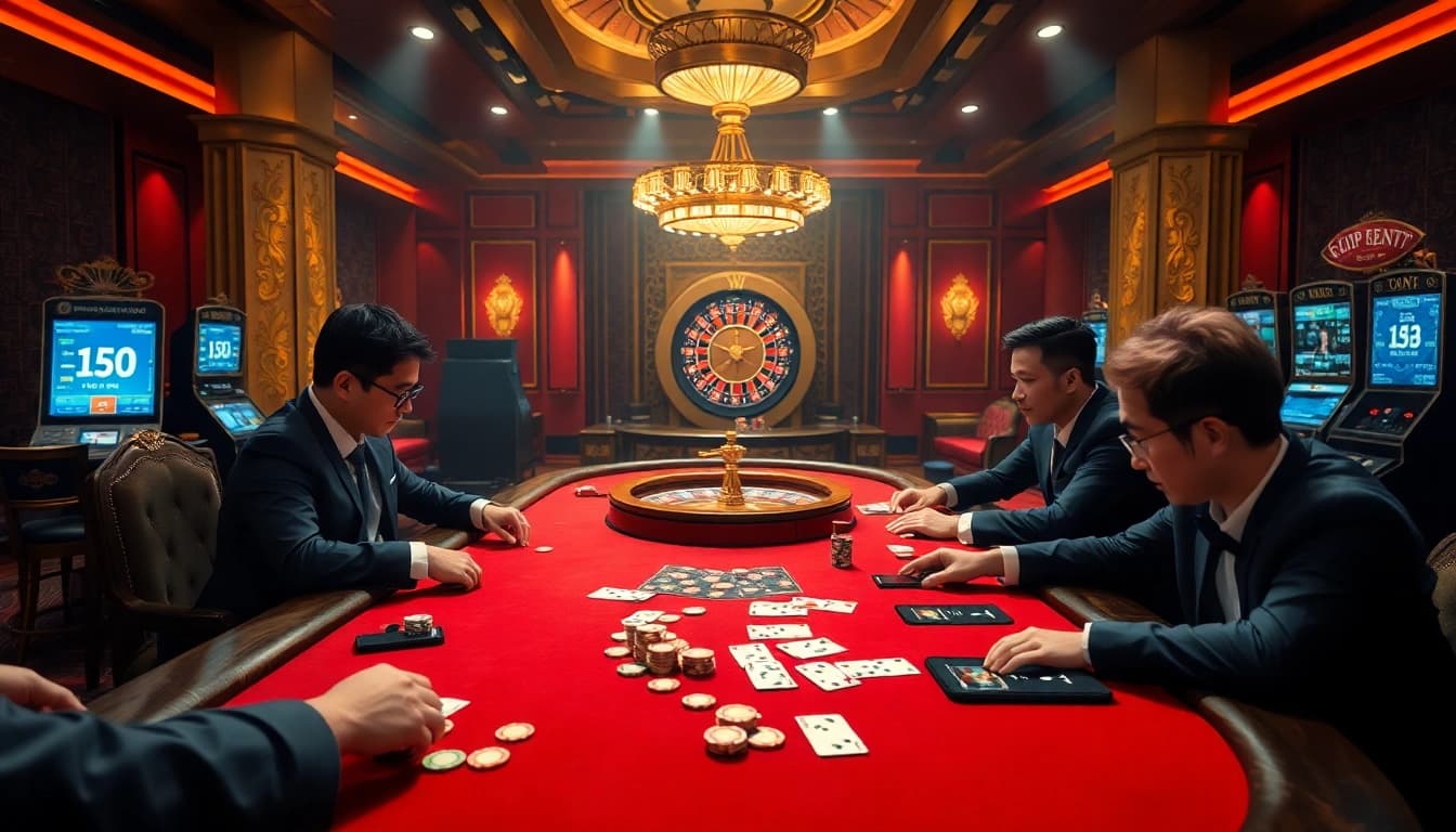 Betting odds tỷ lệ kèo highlighted in an exciting casino scene with poker players.