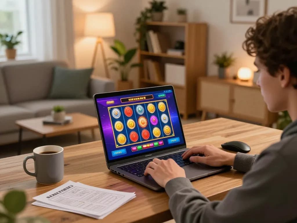 Engaging in online gaming while tải dh88 on a laptop in a cozy home environment, showcasing modern entertainment.