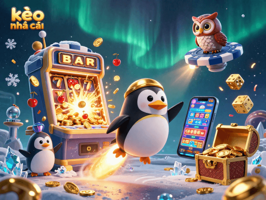 Experience exciting action with kèo nhà cái, featuring a golden penguin soaring to a jackpot at a casino.